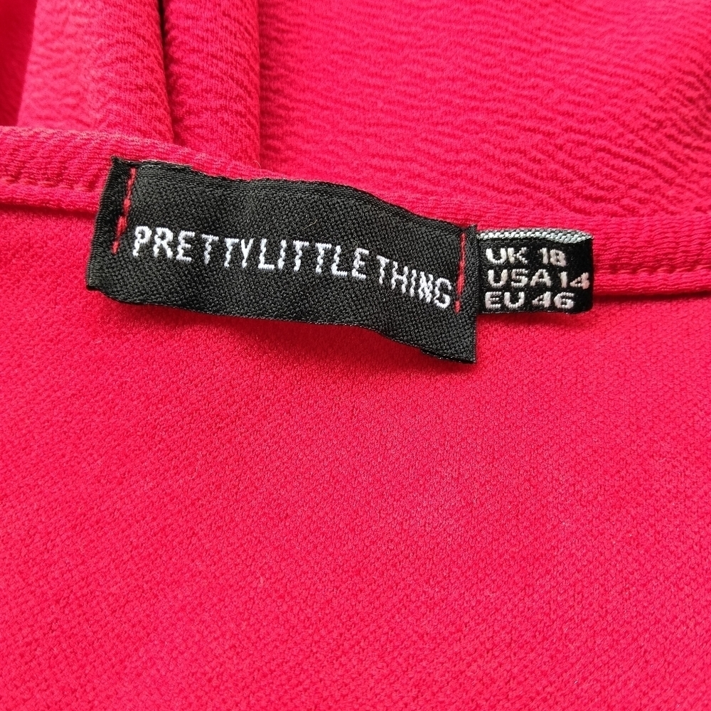 Pretty Little Thing Red Wrap Front Ruffle Detail Long Sleeve Dress Size 14 - Picture 9 of 9